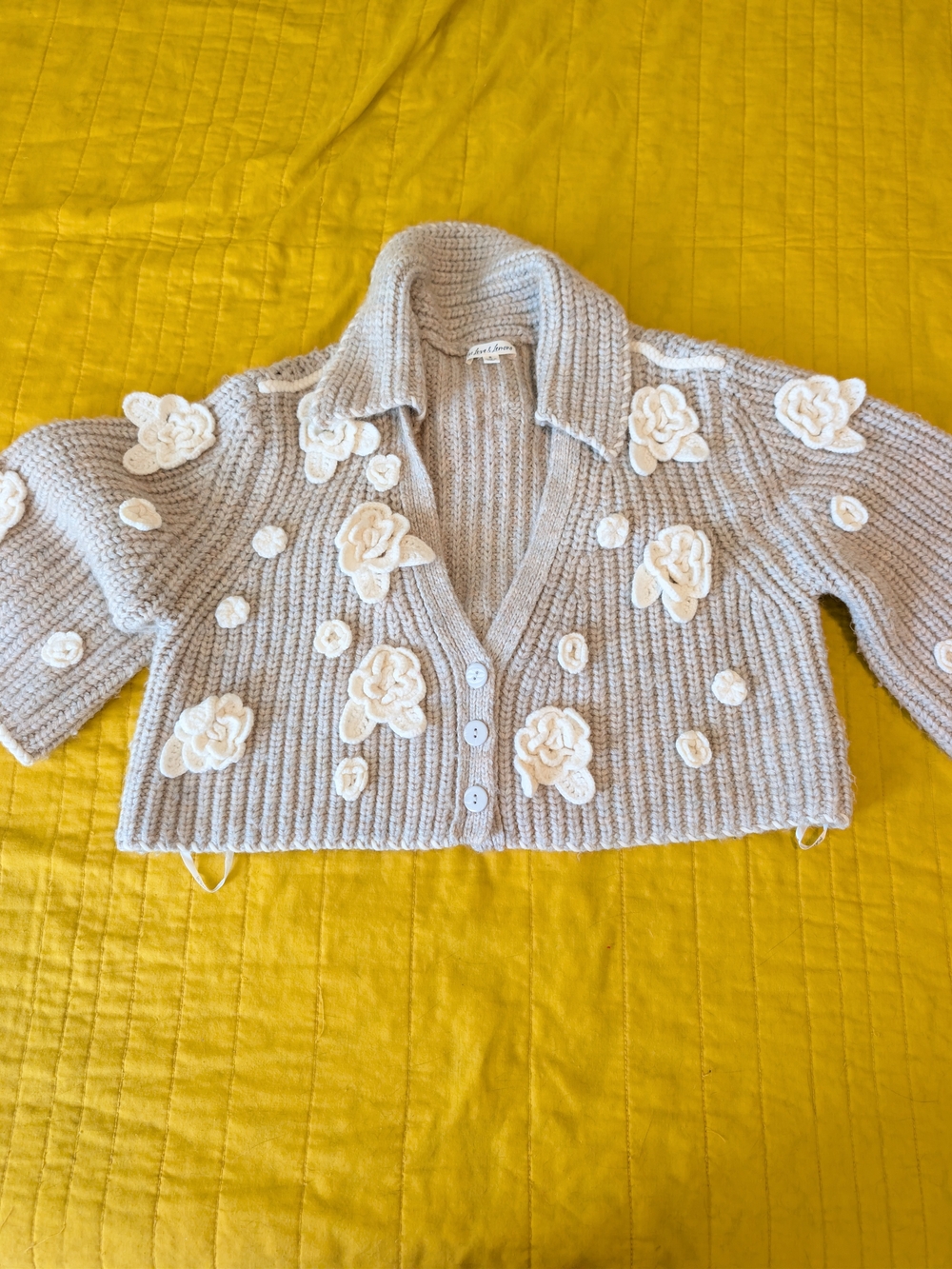 For Love And Lemons Cream-Appliqué Cropped Knit Cardigan in Light Gray